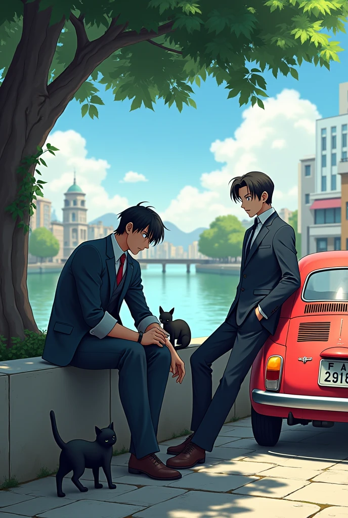 Make a picture of Lupin The Third from part 5 with his suit included but without the jacket,with rolled up sleeves and petting a black cat under a tree while sitting on a small concrete wall while looking at the landscape which is a small city with a lake nearby and next to him is Jigen smoking in his Part 5 suit and the Fiat 500 parked on the side. Let them be the original characters Jigen and Lupin from part 5 of the TV series