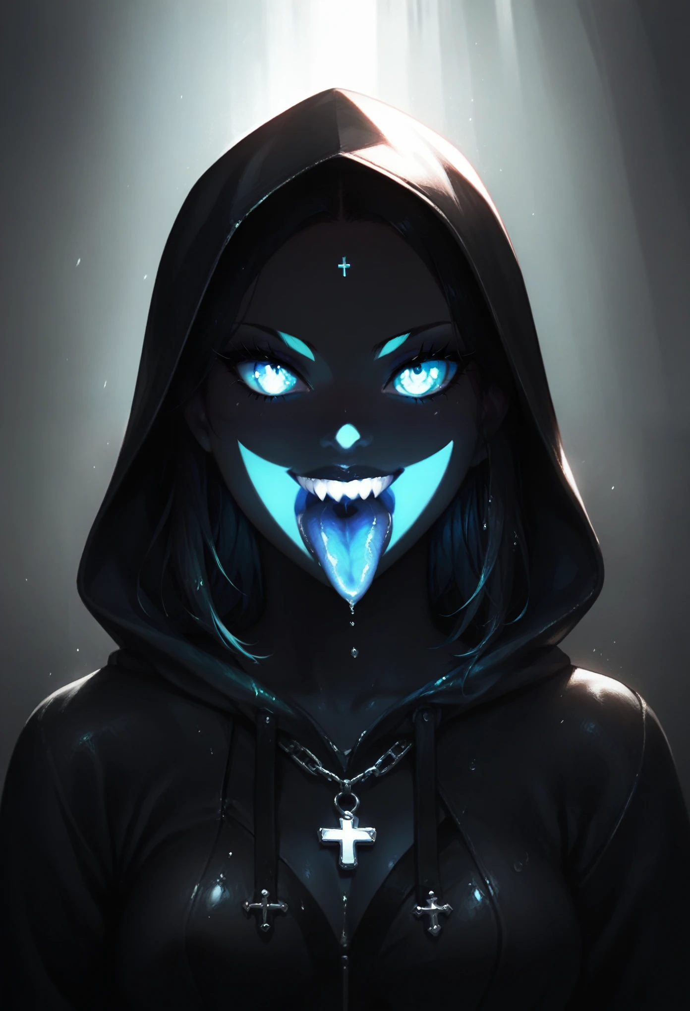 Close-up portrait of a young woman with a rebellious and defiant expression. His face is in the foreground, softly and dimly lit, highlighting her light skin. He wears a black hood that covers most of his head., leaving only his mouth and tongue visible. About the hood, A white cross stands out at the top, contrasting with the dark fabric. the woman has her mouth open, showing a wide, provocative smile while sticking her tongue out, creating a bold and defiant effect. The light is subtle, with soft shadows that add a dramatic touch to the face and hood. The style is hyperrealistic, capturing the details of the fabric texture, Shiny teeth and wet tongue,The hood covers his eyes and nose,only the mouth visible