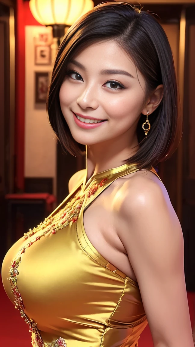 ((Highest quality, 8k, masterpiece:1.3)), Upper Body, Sharp focus:1.2, Beautiful woman with perfect figure:1.4, Slim Abs:1.1, The background is the dojo, ((Short Bob, Big Breasts:1.2)), (Wearing an ornately decorated Chinese dress, はち切れんばかりのBig Breasts, Slim and toned waist, Soft big ass, Smile at the audience:1.2), Highly detailed face and skin texture, Detailed eyes, double eyelid, Ultra High Resolution Glossy Lips,She is wearing a Chinese dress that shows off her bust.,1. Beautiful Japanese Women