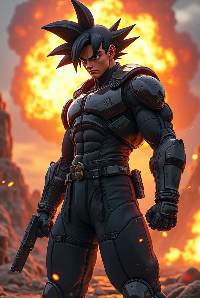 muscular male anime character, Goku in a black Metal Gear outfit, striking heroic pose, complex background with blasting island, intricate details, ultra-detailed CG, best quality masterpiece, finest illustration, perfect shadows, explosive lighting, vibrant color palette, fusion of Goku and Metal Gear, inspired by Akira Toriyama, Yoji Shinkawa, Dave Rapoza, more detail, enhanced, poakl