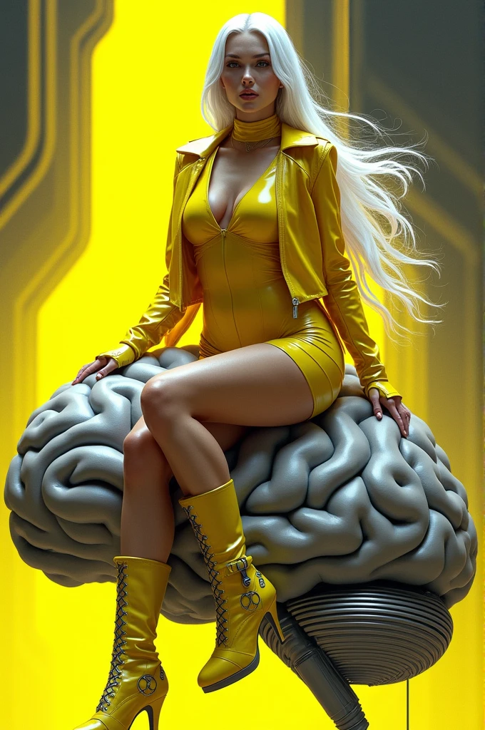 A woman with long white hair,wearing a yellow bodysuit,a yellow transparent jacket,a yellow leather mini skirt and a futuristic boot that looks like something with a robot with a heel,she will be sitting on a giant silver brain floating in the air, the yellow and black background mixing and she will wear very futuristic accessories,I want her sexy but futuristic clothing style