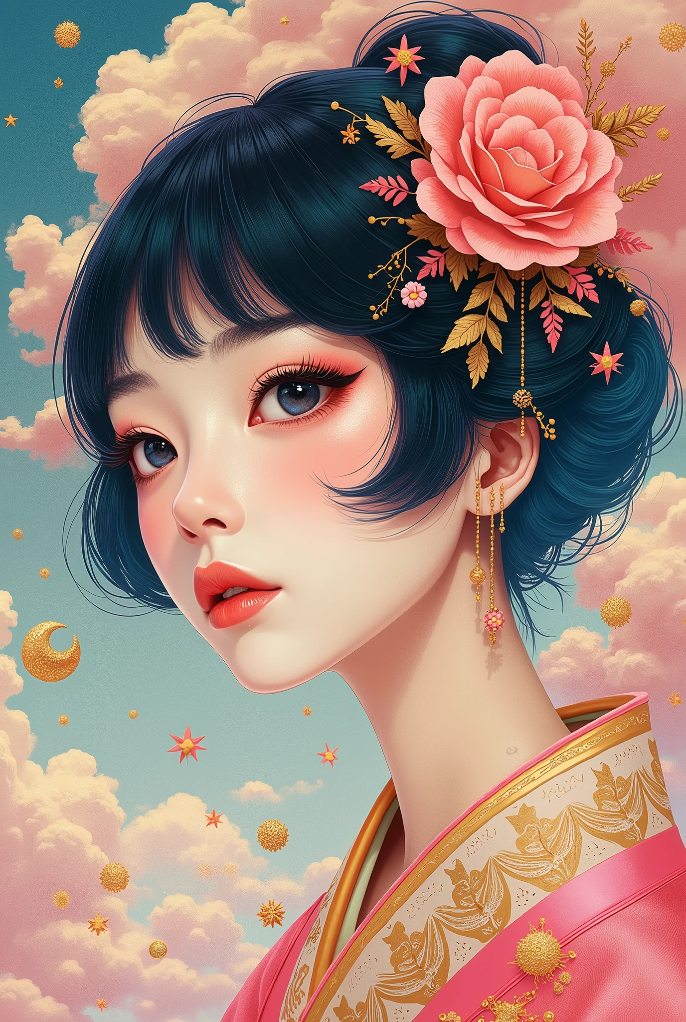 (Japanese girl:1.3), beautiful detailed eyes, beautiful detailed lips, extremely detailed eyes and face, long eyelashes, upper body, from side, looking at viewer, (fractal art:1.3), (rainbow color hair, colorful hair, half blue and half pink hair:1.2), water, liquid, cloud, colorful, starry, stars, (best quality, 4k, 8k, highres, masterpiece:1.2), ultra-detailed, (realistic, photorealistic, photo-realistic:1.37), vibrant colors, studio lighting, extremely detailed description, professional, concept art, surreal, 1920s french vibe, monochromatic gold and pink palette, in the style of french illustrator moebius, gold elements, (Chinese illustration:1.3，Paper Art:1.3, キルティングPaper Art:1.2),( Streamlined Design, Clear lines, High sharpness,Better Quality, Very detailed, Master Parts, Film Light Effect, 4K ) Illustration design, porcelain doll skin, beautiful detailed eyes, beautiful detailed lips, extremely detailed gold eyes and face, long eyelashes, upper body, from side, looking at viewer, (fractal art:1.3), (pink hair:1.2), water, liquid, cloud, colorful, starry, stars, (best quality, 4k, 8k, highres, masterpiece:1.2), ultra-detailed, (realistic, photorealistic, photo-realistic:1.37), vibrant colors, studio lighting, extremely detailed description, professional, concept art, surreal, 1920s french vibe, monochromatic gold and pink palette, in the style of french illustrator moebius, gold elements,