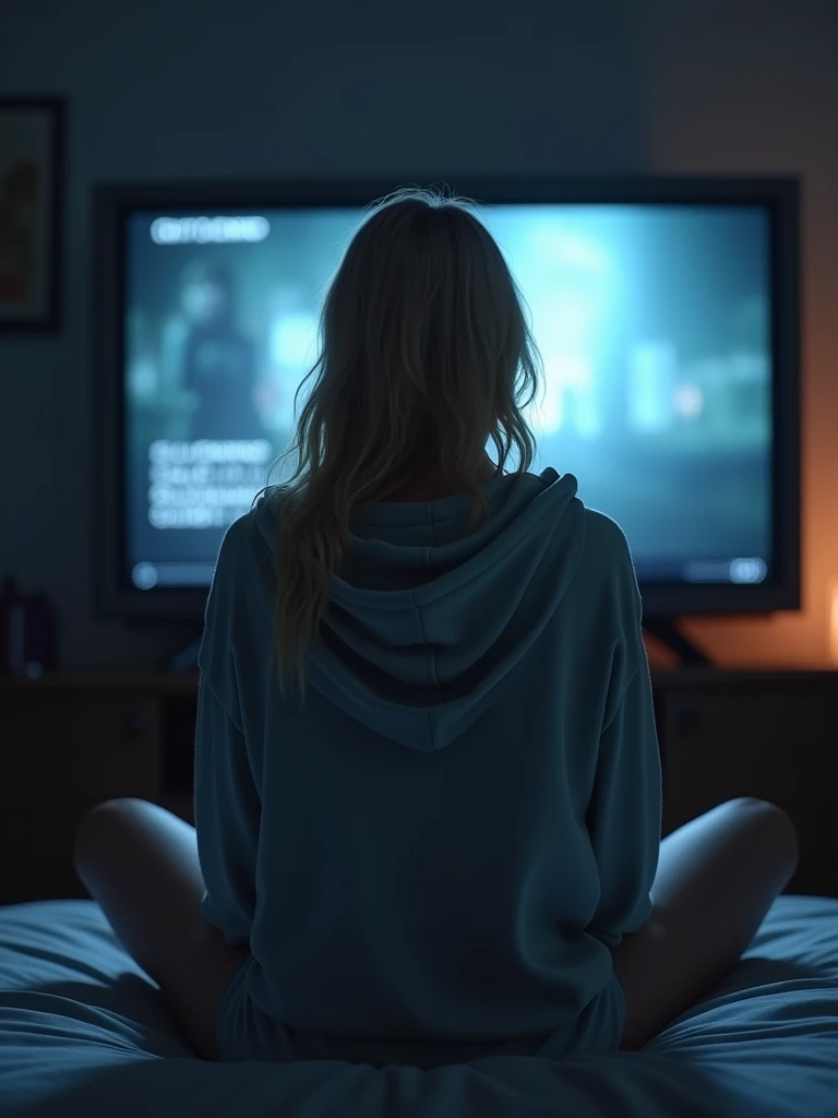a blonde woman sitting legs crossed on her bed, watching a series on the TV, its not very bright in the room, her back shows to the camera and she wears only a oversized hoodie.
