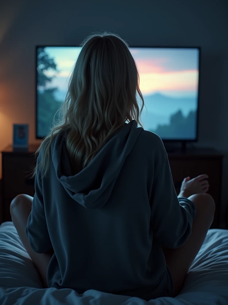 a blonde woman sitting legs crossed on her bed, watching a series on the TV, its not very bright in the room, her back shows to the camera and she wears only a oversized hoodie.