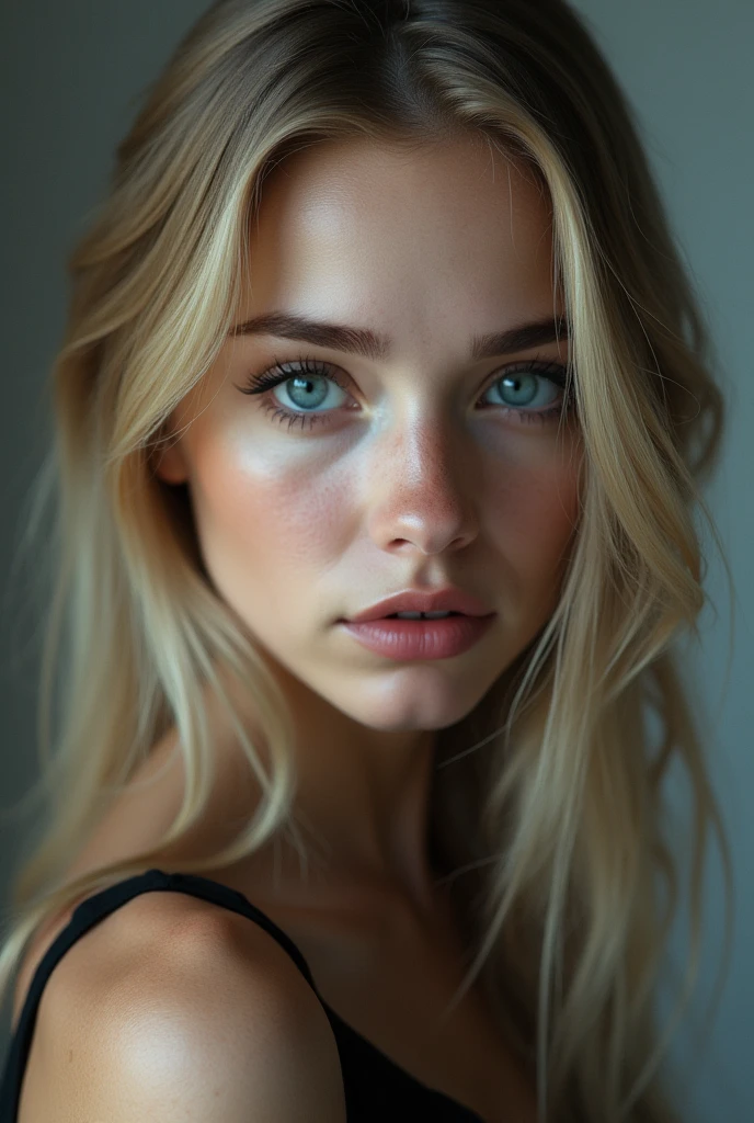 Young 20-year-old Russian Woman, high cheekbones, mysterious gaze, heart-shaped face, blue eyes, hunter eye shape, long eyelashes, full lips, small nose, blond straight hair