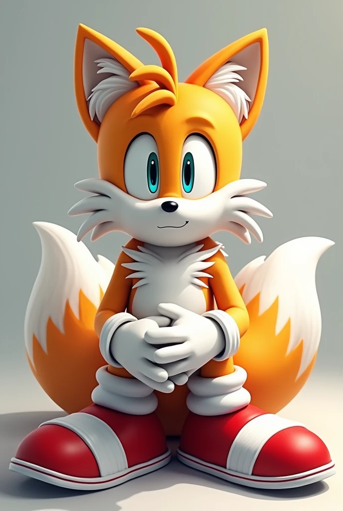 Tails lotus position at the viewer with his shoes and gloves on front view
