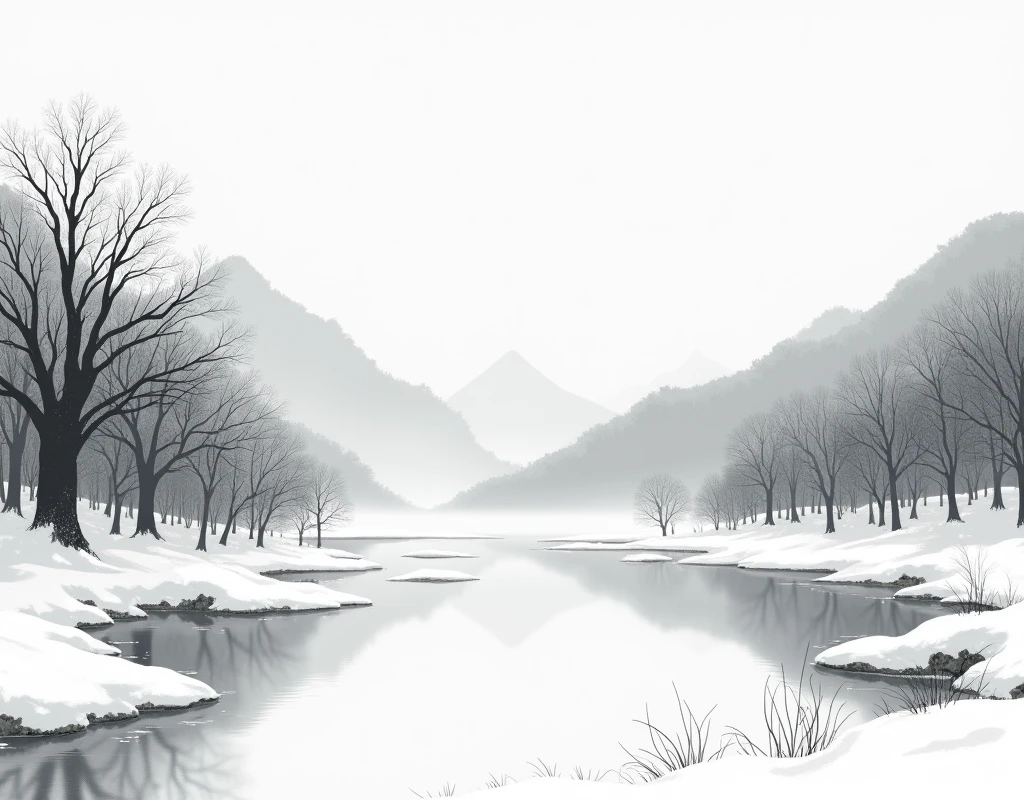 generate black and white japanese style anime landscape, winter