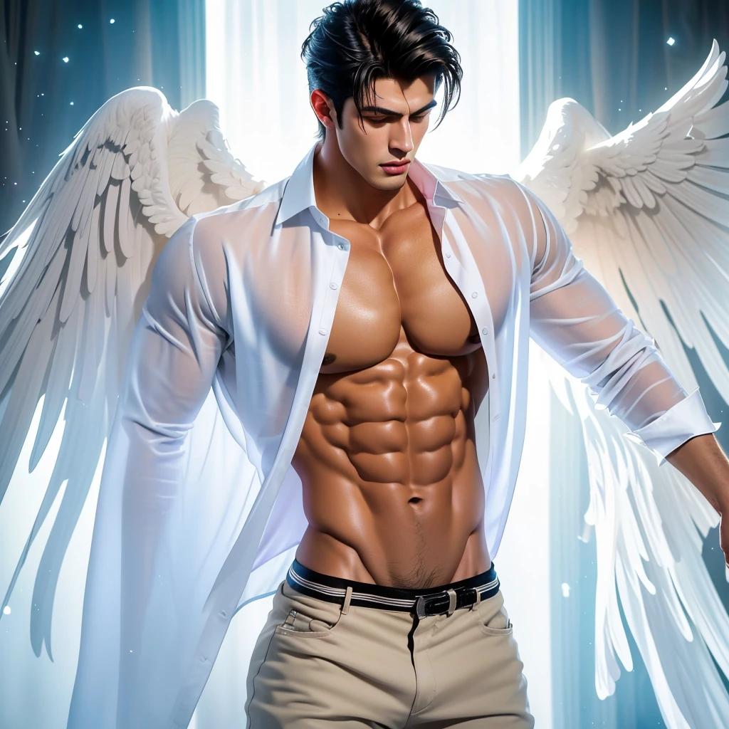 a strikingly muscular handsome young man, solo, extremely detailed facial features, (a scene in which cadis etrama di raizel from noblesse with the face of Matthew Daddario spreading his wings in lukedonia), (large blood wings), (white shirt and black brief, bulge: 1.2), (open shirt showcasing chest and abs: 1.5), gorgeous, beautiful, wet, perfect eyes, sexy gaze, looking at the viewers romantically, perfect bare body, smooth skin, wide chest, largest breast, extremely large pectorals, big nipples, breathtaking grandeur, very bright colors, light particles, with light glowing, wallpaper art, UHD wallpaper, (toned physique: 1.5), (subtle gleam: 1.5) in his skin, full body view, full scene,