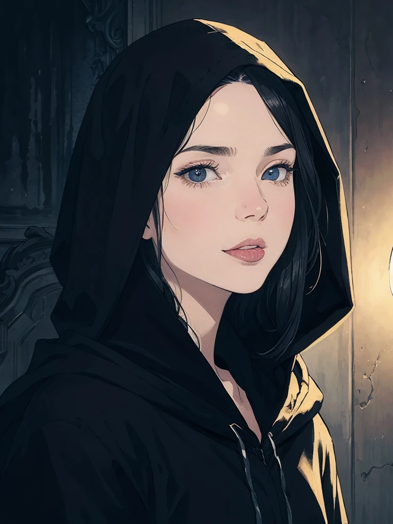 Close-up portrait of a young woman with a rebellious and defiant expression. His face is in the foreground, softly and dimly lit, highlighting her light skin. He wears a black hood that covers most of his head., leaving only his mouth and tongue visible. About the hood, A white cross stands out at the top, contrasting with the dark fabric. the woman has her mouth open, showing a wide, provocative smile while sticking her tongue out, creating a bold and defiant effect. The light is subtle, with soft shadows that add a dramatic touch to the face and hood. The style is hyperrealistic, capturing the details of the fabric texture, Shiny teeth and wet tongue,The hood covers his eyes and nose,only the mouth visible