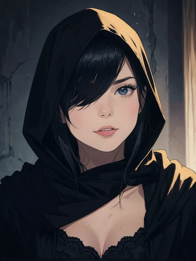 Close-up portrait of a young woman with a rebellious and defiant expression. His face is in the foreground, softly and dimly lit, highlighting her light skin. He wears a black hood that covers most of his head., leaving only his mouth and tongue visible. About the hood, A white cross stands out at the top, contrasting with the dark fabric. the woman has her mouth open, showing a wide, provocative smile while sticking her tongue out, creating a bold and defiant effect. The light is subtle, with soft shadows that add a dramatic touch to the face and hood. The style is hyperrealistic, capturing the details of the fabric texture, Shiny teeth and wet tongue,The hood covers his eyes and nose,only the mouth visible