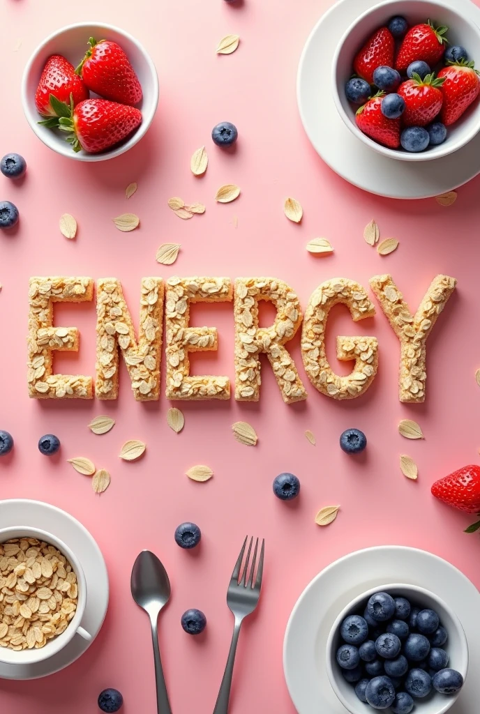 I need you to make lettering with oats that says energy, add more things around it, add spoons, dishes, blueberry and strawberries change the background to a prettier one, lying down