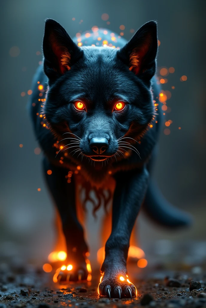 "Design a black dog and radiation fusion with glowing eyes and intertwined scales and fur, exuding raw, terrifying power."
