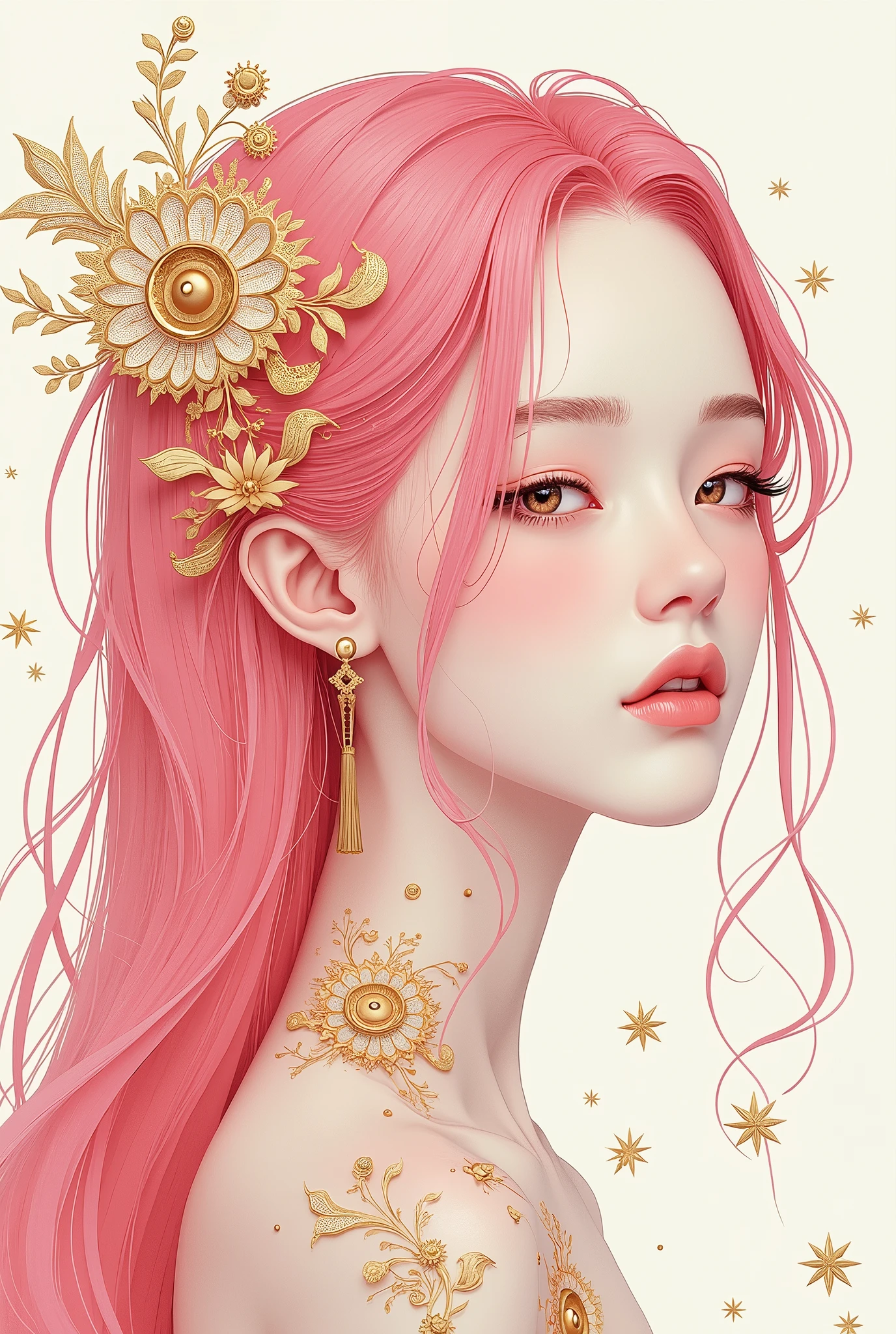 (White background:1.4),(Girl's head silhouette, Eyes closed, Long colored hair, Oriental elements),(Chinese illustration:1.3,Paper Art:1.3, キルティングPaper Art:1.2),( Streamlined Design, Clear lines, High sharpness,Better Quality, Very detailed, Master Parts, Film Light Effect, 4K ) Illustration design, porcelain doll skin, beautiful detailed eyes, beautiful detailed lips, extremely detailed gold eyes and face, long eyelashes, upper body, from side, looking at viewer, (fractal art:1.3), (pink hair:1.2), water, liquid, cloud, colorful, starry, stars, (best quality, 4k, 8k, highres, masterpiece:1.2), ultra-detailed, (realistic, photorealistic, photo-realistic:1.37), vibrant colors, studio lighting, extremely detailed description, professional, concept art, surreal, 1920s french vibe, monochromatic gold and pink palette, in the style of french illustrator moebius, gold elements,