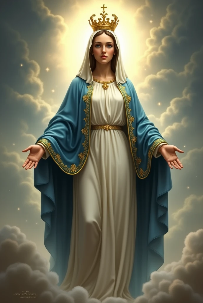 "Create a detailed image of Our Lady of Miracles. She is depicted standing gracefully, with a serene expression on her face. She wears a rich, deep blue mantle adorned with golden accents over a white gown. A crown of stars or a golden crown rests on her head, and a soft halo of light surrounds her. Her hands are open in a gesture of blessing. The background should be filled with a soft, glowing light, emphasizing the miraculous and divine nature of her presence, with subtle celestial elements to enhance the sacred atmosphere."