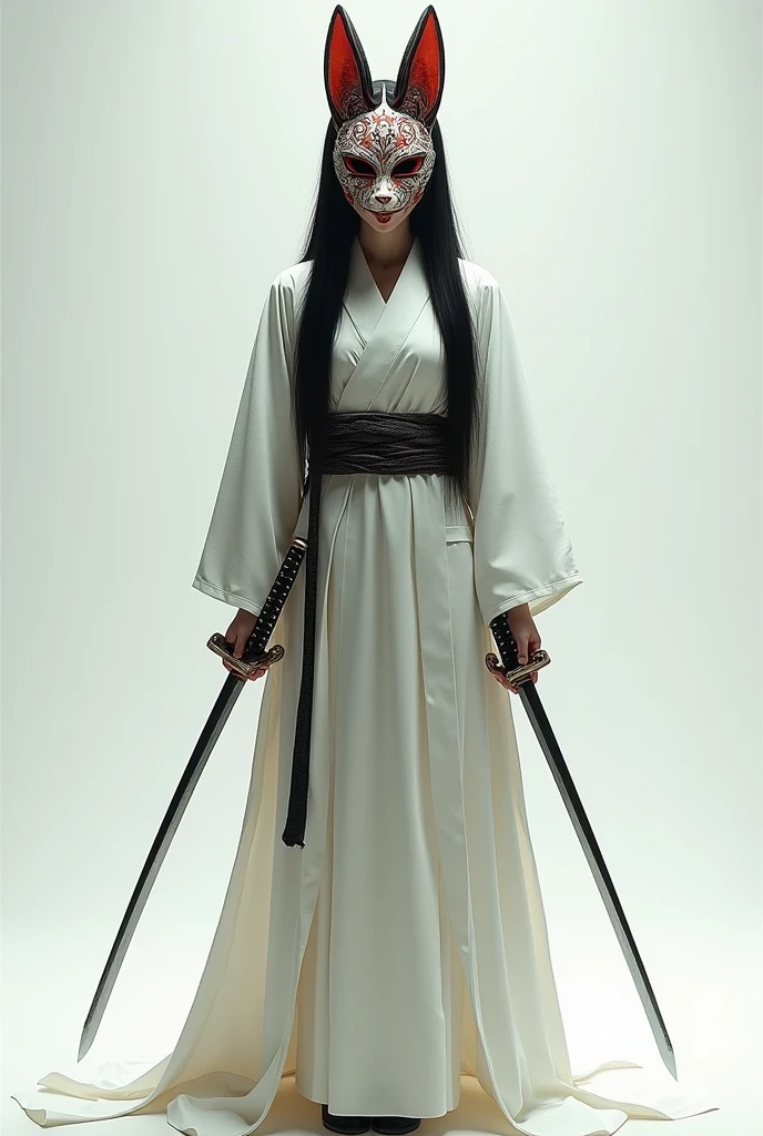 make a woman wearing a Japanese kitsune mask with a white robe and with a katana in each hand, long black straight hair