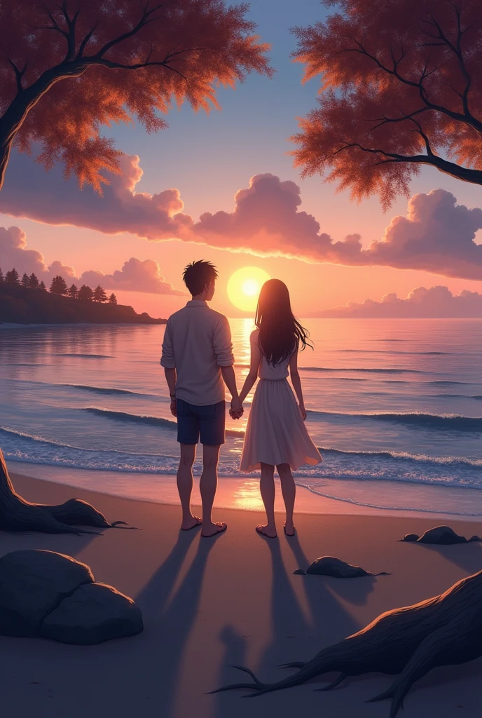 Sea at dusk beach quiet autumn Couple Holding hands