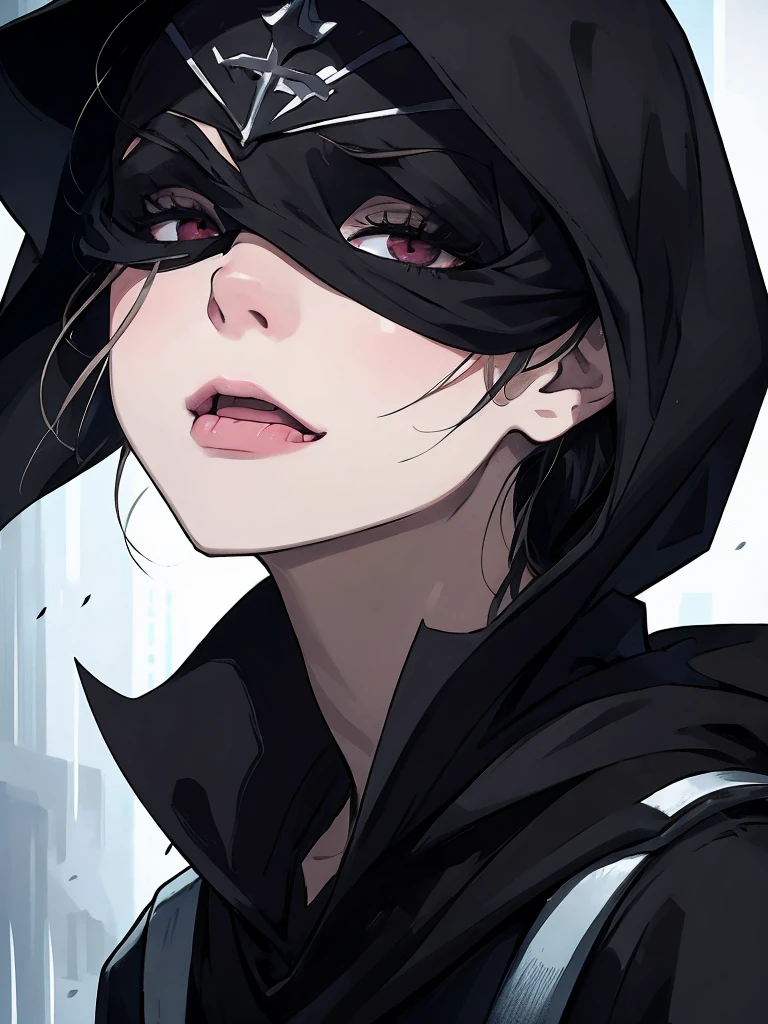 Close-up portrait of a young woman with a rebellious and defiant expression. His face is in the foreground, softly and dimly lit, highlighting her light skin. He wears a black hood that covers most of his head., leaving only his mouth and tongue visible. About the hood, A white cross stands out at the top, contrasting with the dark fabric. the woman has her mouth open, showing a wide, provocative smile while sticking her tongue out, creating a bold and defiant effect. The light is subtle, with soft shadows that add a dramatic touch to the face and hood. The style is hyperrealistic, capturing the details of the fabric texture, Shiny teeth and wet tongue,The hood covers his eyes and nose,only the mouth visible