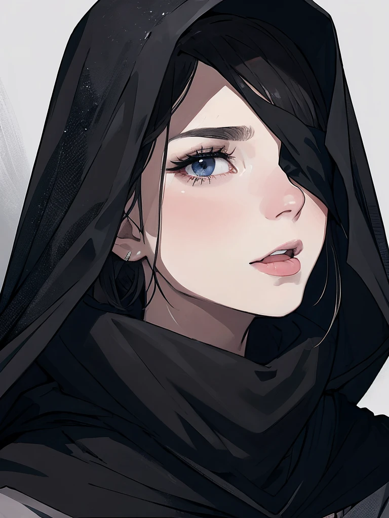 Close-up portrait of a young woman with a rebellious and defiant expression. His face is in the foreground, softly and dimly lit, highlighting her light skin. He wears a black hood that covers most of his head., leaving only his mouth and tongue visible. About the hood, A white cross stands out at the top, contrasting with the dark fabric. the woman has her mouth open, showing a wide, provocative smile while sticking her tongue out, creating a bold and defiant effect. The light is subtle, with soft shadows that add a dramatic touch to the face and hood. The style is hyperrealistic, capturing the details of the fabric texture, Shiny teeth and wet tongue,The hood covers his eyes and nose,only the mouth visible