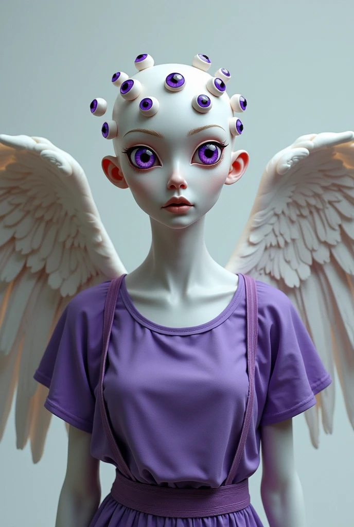 Create a full-body image of an angelic woman with white skin. Her head lacks a mouth, nose, and hair, featuring six eyes with purple pupils. Instead of ears, she has eyes. She is wearing a purple shirt with suspenders, and her fingertips have eyes on them. She also has a pair of wings