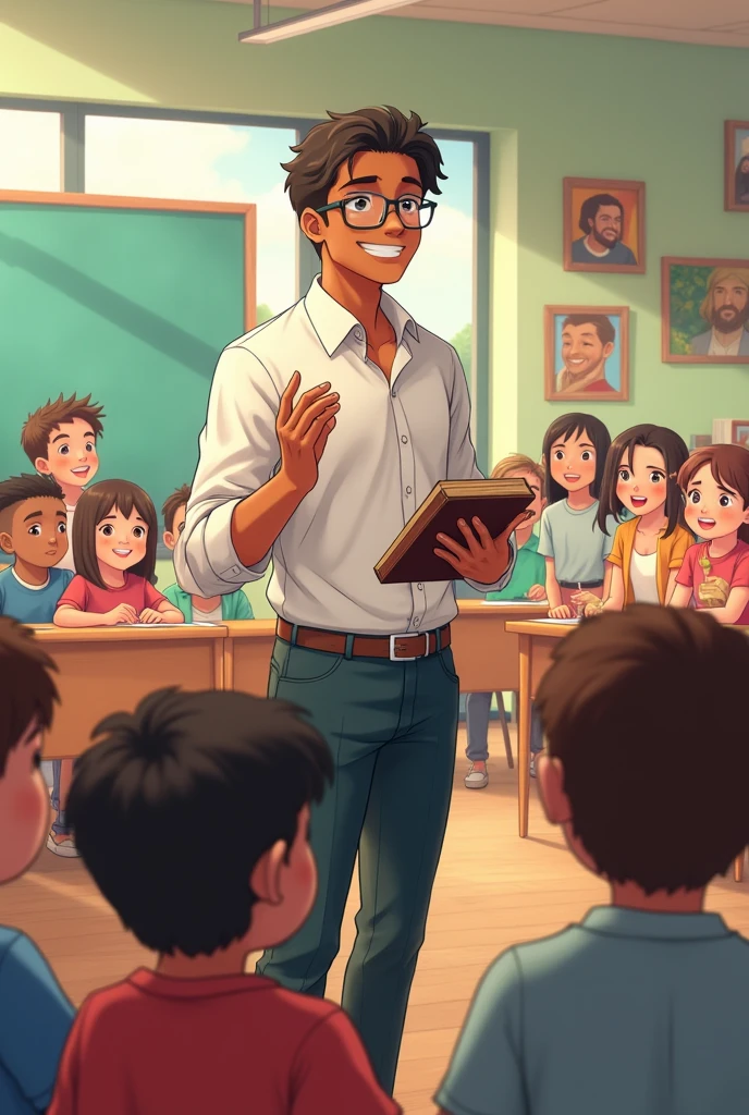 a young man with brown skin, good looking, with hair combed back, with glasses, anime style, dressed as a teacher of children and young people, presenting a topic with his right hand and with a bible in his left hand, Surrounded by happy boys and girls who want to learn, with a classroom background and reflecting a beautiful day and with pictures that show biblical stories of the heroes of faith