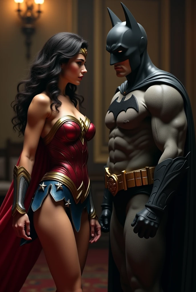 (photorealism:1.2), wonder woman stripping her clothes in front of batman