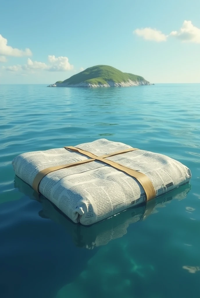 Uma jangada feita com three PAPÉIS de jornal e uma ilha withouth People, UMA JANGADA FEITA APENAS COM three FOLHAS DE JORNAL. SÓ three. withouth People. AND A DISTANT ISLAND. three PAPÉIS DE JORNAL. three PAPÉIS DE JORNAL. THEY ARE STUCK WITH TWO PIECES OF TAPE, OS three PEDAÇOS DE JORNAL. three.