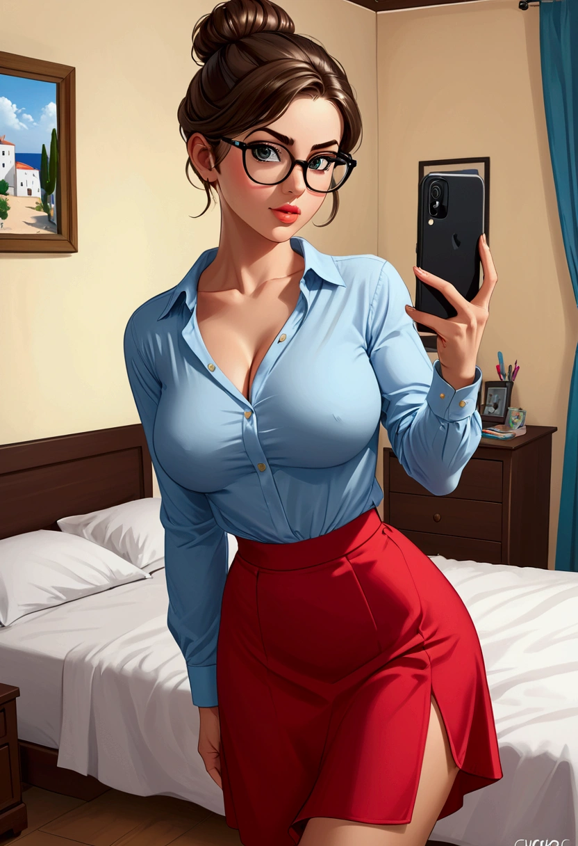 20 years old woman, Short brown hair, Mediterranean with blue eyes, Generous and heavy breasts, slender waist, estomac defini, fesses rebondies et pulpeuses, naturally curved, muscular thighs, aguicheuse, in the bedroom, in long skirt and blouse, regard sexy, lunettes, Selfie, bites his lips, showing her ass, hair bun 