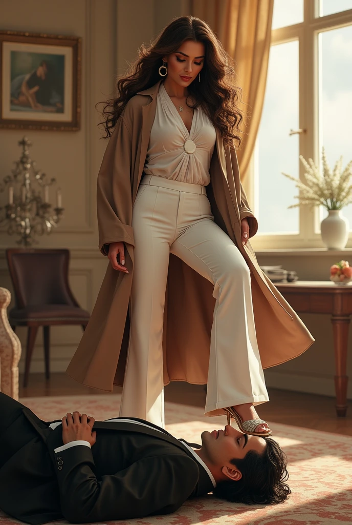 Iranian girl , ,brown hairs, wearing light brown manteau, wearing white blouse, wearing white boot-cut pants, wearing white scarf around hairs , wearing shining high heel sandals, trampling man's face, man's face trampled by mistress shoe, man wearing suit, mistress puts her shoe on man's face, man's face trampled by mistress shoe, man lying down under mistress, surrendering against mistress, mistress victory posing on man, femdom, penthouse