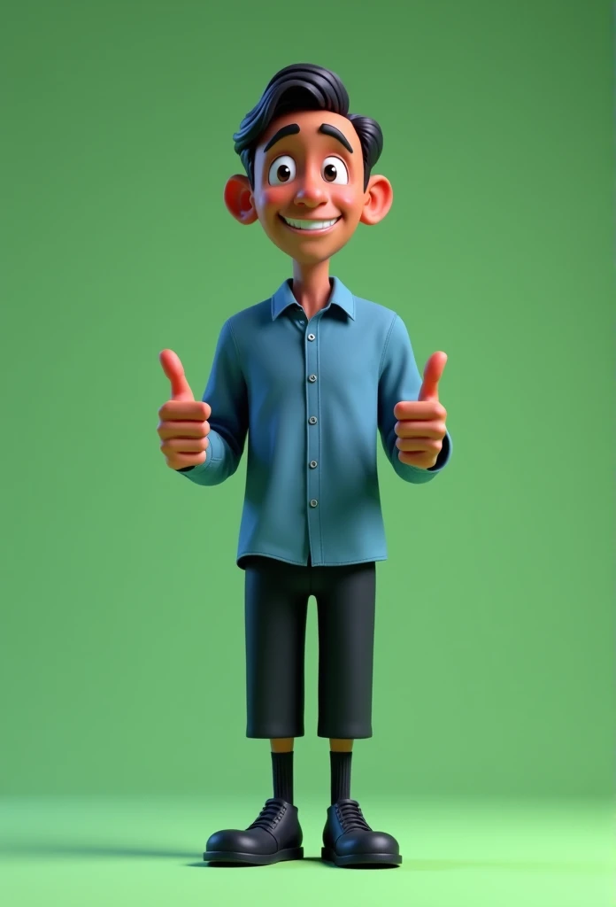 Cartoon character of a slender man in his 60s full body dark skin black hair low cut, blue shirt, black pants black shoes black socks, an animated character, stylized character, animation style rendering, 3d stylized, Arnold Maya rendering, Stylized 3D rendering, toon render screenshot, 3d character, 3d character, Stylized 3D rendering, 3D character rendering, cartoon character, character posing, (Pixar-style) (master part:1.2) (bokeh) (best qualityer) (skin detailed) (detailed texture) (8k) (Argilla) (cinematic lighting) (sharp focus，standing full body making a thumbs up sign with both hands, plain green background without shadow, chroma kay type