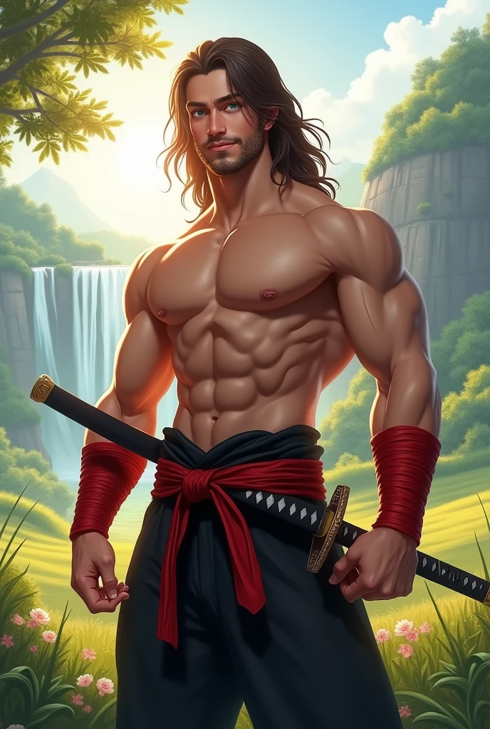 Realistic Digital Art Style -- Strong Man -- Young Adult 2 -- No Shirt -- Aura of Strength, charisma and confidence -- beautiful smile, smiling, smiling -- Pretty Face -- Light Blue Eyes -- Long Wavy Brown Hair, your hair reaches the nape of your neck -- barba curta -- Calça Samurai preta -- Faixa Vermelha amarrado na cintura -- Bandagens Vermelhas nos punhos -- Pose de herói e superioridade -- Katana na cintura -- Cenário de fundo é uma linda planície com sol, Trees, waterfall and the blue sky, extremely detaild, soft ambient lighting, 4K, perfects eyes, a perfect face, perfect lighting, the 1 girl)), context: The man is confident and smiling happily, light blue eye, he is a 28 year old young adult, your hair reaches the nape of your neck, strong and determined, is alone in this environment, He is smiling. detaileds: The sun is shining brightly, waves are gently lapping in the background, and birds are flying in the clear blue sky. ))