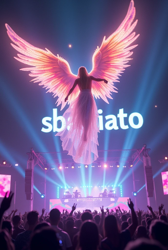 Colourful angel falling from the sky to an electronic concert, with the word sbagliato in the background while a DJ plays and many lights