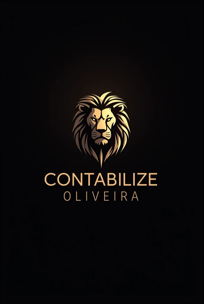 A logo for an accounting firm with the name Contabilize Oliveira. In black and gold colors, with dark background and lion image with futuristic fonts.
