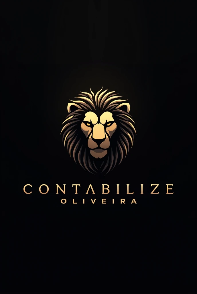 A logo for an accounting firm with the name Contabilize Oliveira. In black and gold colors, with dark background and lion image with futuristic fonts.