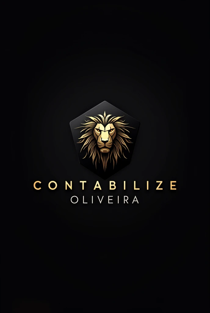 A logo for an accounting firm with the name Contabilize Oliveira. In black and gold colors, with dark background and lion image with futuristic fonts.