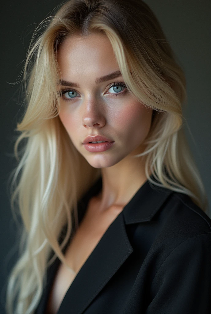 Young 20-year-old Russian Woman, high cheekbones, mysterious gaze, heart-shaped face, blue eyes, hunter eye shape, long eyelashes, full lips, small nose, blond straight hair, studio lighting