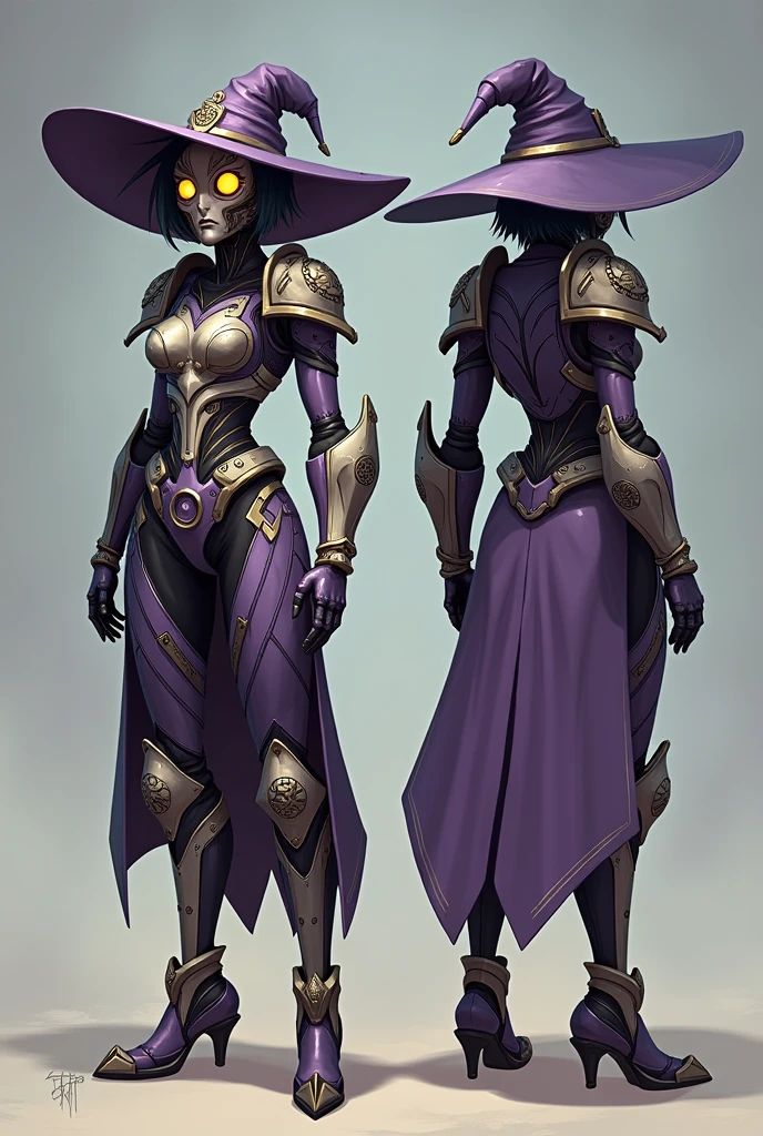 stylized style, Overwatch style female character concept, full body back and front view, robot detailed face with round eyes, witch theme, body covered with armor