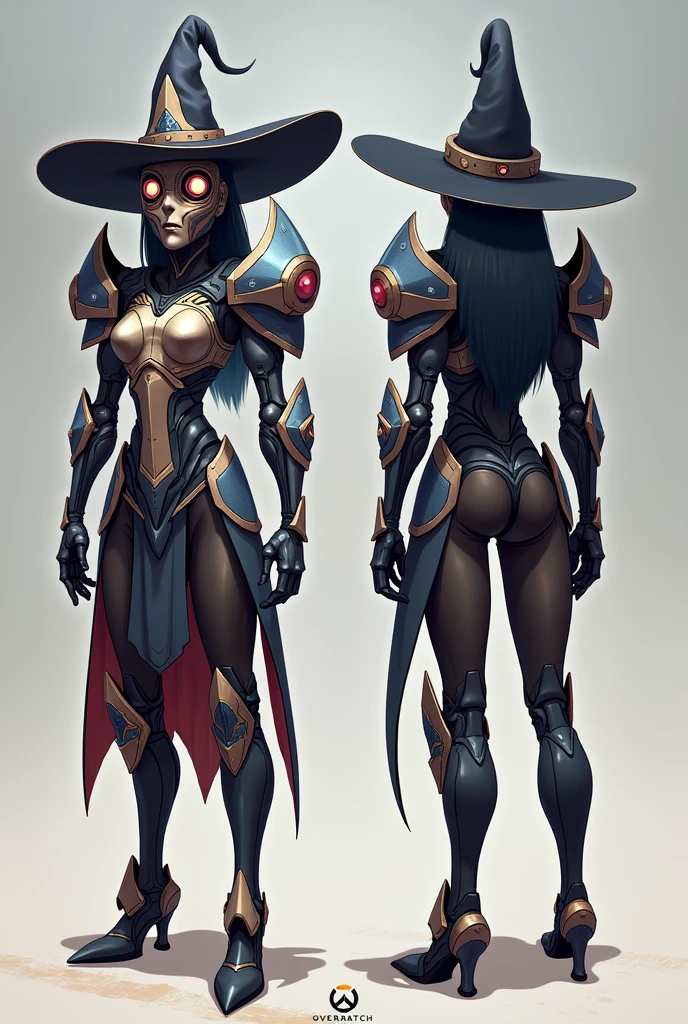 stylized style, Overwatch style female character concept, full body back and front view, robot detailed face with round eyes, witch theme, body covered with armor
