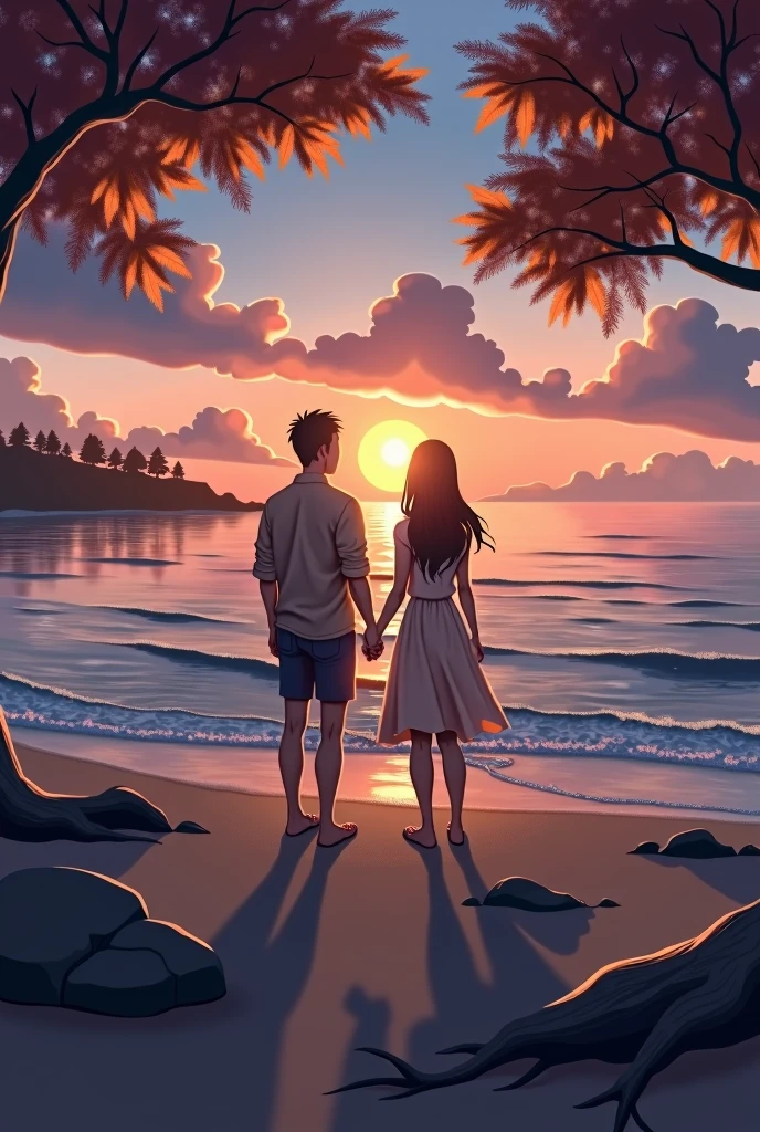 Sea at dusk beach quiet autumn Couple Holding hands