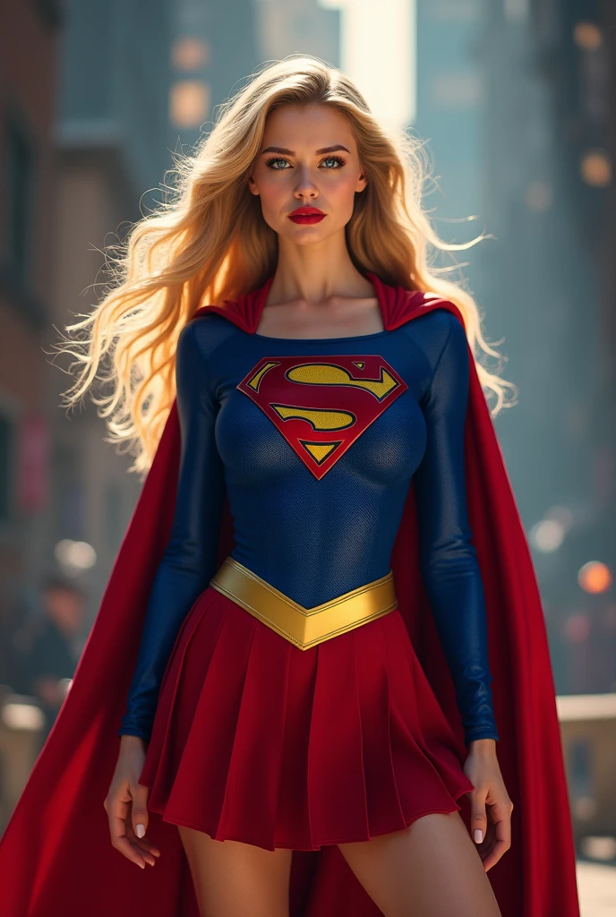 A SEXY AND BUSTY 17 YEAR OLD FEMALE WITH BLONDE HAIR DONE UP NICLEY, AND DAZLING BLUE SAPHIRE EYES, WEARING A SPANDEX 1984 BLUE SUPERGIRL COSTUME COMEPLETE WITH A LONG READ PLEATED SKIRT WITH A YELLOW SUPERGIRL BELT, A PAIR OF RED HEELED BOOTS WITH YELLOW TRIM, AND A LONG FLOWING RED CAPE WITH THE GOLD "S" EMBLEM. RED LIPSTICK, RED FINGERNAILS. INCREDIBLY DETAILED GLOWING SKIN, INCREDIBLEY DETAILED FACE, INCREDIDBLEY DETAILED CLOTHING, TEXTURED SKIN PORES, TEXTURED HAIR, 8K ABSURD RESOLUTION, MASTERPIECE. PHOTO REALSITIC, HYPER REALISTIC. MYSTICAL BACKGROUND. 16K RESOLUTION. PREFESSIONAL GRADE IMAGE.