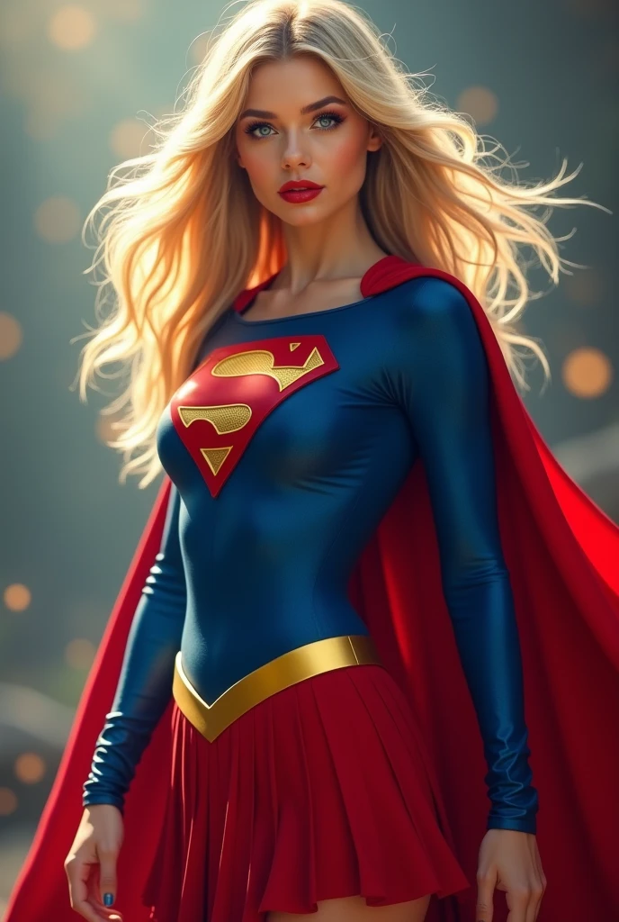 A SEXY AND BUSTY 17 YEAR OLD FEMALE WITH BLONDE HAIR DONE UP NICLEY, AND DAZLING BLUE SAPHIRE EYES, WEARING A SPANDEX 1984 BLUE SUPERGIRL COSTUME COMEPLETE WITH A LONG READ PLEATED SKIRT WITH A YELLOW SUPERGIRL BELT, A PAIR OF RED HEELED BOOTS WITH YELLOW TRIM, AND A LONG FLOWING RED CAPE WITH THE GOLD "S" EMBLEM. RED LIPSTICK, RED FINGERNAILS. INCREDIBLY DETAILED GLOWING SKIN, INCREDIBLEY DETAILED FACE, INCREDIDBLEY DETAILED CLOTHING, TEXTURED SKIN PORES, TEXTURED HAIR, 8K ABSURD RESOLUTION, MASTERPIECE. PHOTO REALSITIC, HYPER REALISTIC. MYSTICAL BACKGROUND. 16K RESOLUTION. PREFESSIONAL GRADE IMAGE.