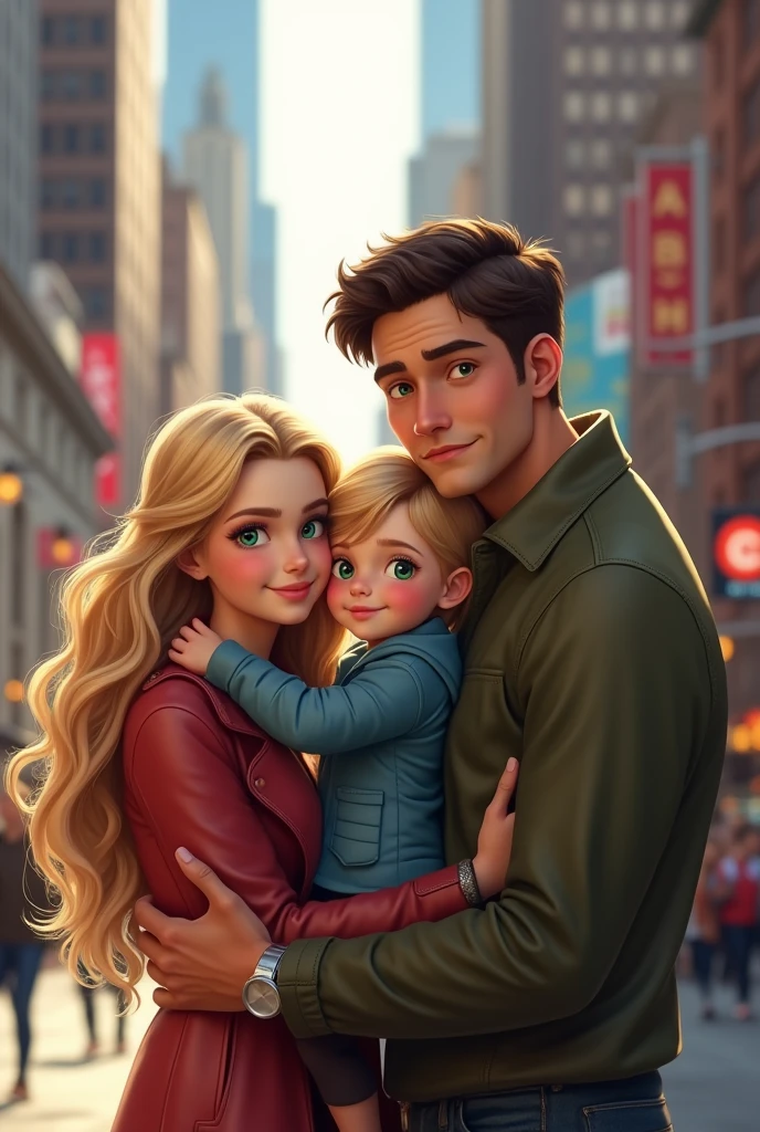 Blonde child with blue eyes, hugging her blonde mother with green eyes and very long hair along with her brunette husband with brown eyes but streets of NY 8k ultrarealistic