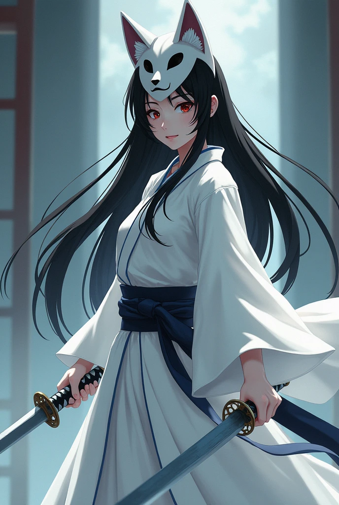 make a woman wearing a Japanese kitsune mask with a white robe and with a katana in each hand, long black straight hair in anime features