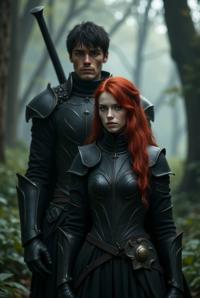 Create an image of a red-haired woman with blue eyes and freckles, White skin wears black armor and behind her is a taller man without long hair just a little covering his eyes ,extremely attractive looking straight ahead, taller than her, black hair grey eyes carrying a sword, and both have black armor, and the background is in the middle of a dark forest