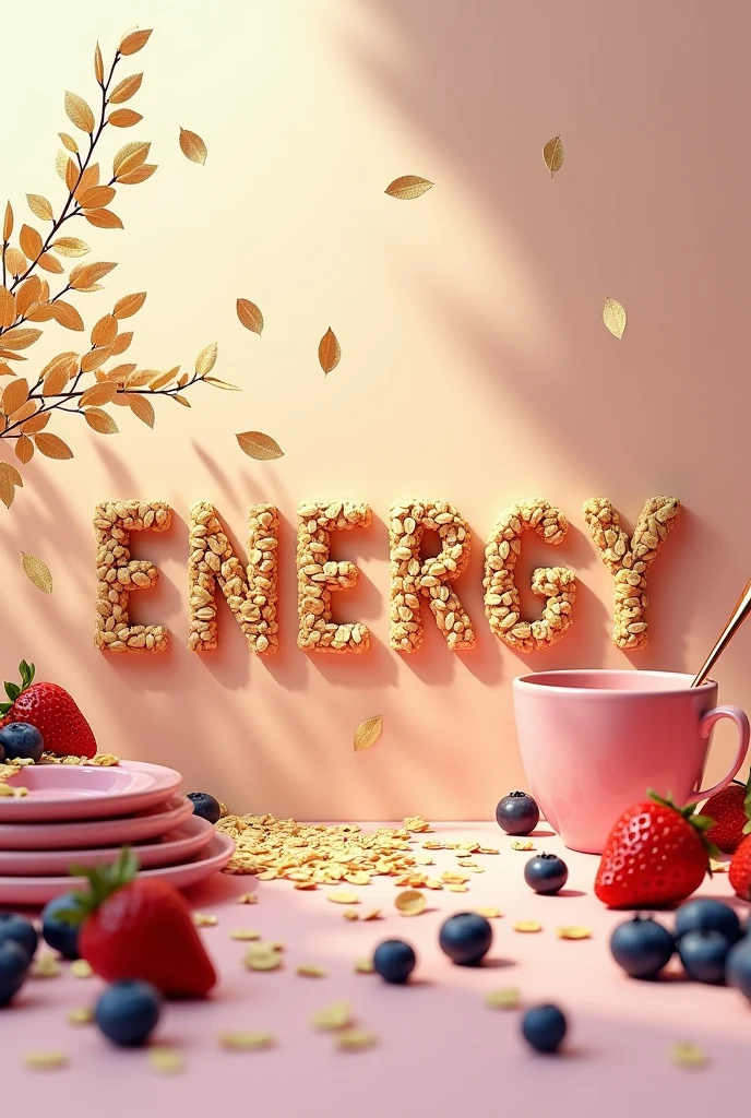 I need you to make lettering with oats that says energy, add more things around it, add spoons, dishes, blueberry and strawberries change the background to a prettier one, lying down 


