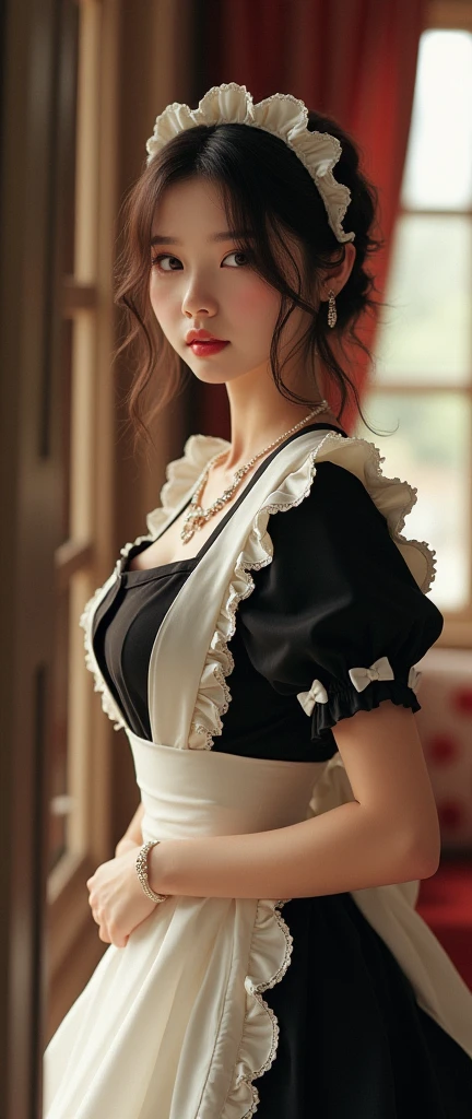 Highest quality、High resolution、Detailed Background、(Beautiful face in every detail:1.4)、Anatomically correct、Normal number of fingers、Detailed facial expressions、Detailed red eyes、Beautiful women in their 20s、Perfect body line、Brown Hair、Black Hair、ponytail、Braided bob cut、Wavy Hairstyle、well-groomed eyebrows、Cute Eye Makeup、Cute Lip Makeup、Cute gestures、Show the whole body、
(A beautiful maid reflected in the window of a room:1.5)、
Pair a black dress with a white apron、Apron frills and ribbons design、Sleeves and aprons are designed with lace and chiffon、Ribbons and head accessories、Add ribbons to your dress or apron, or match ribbon hair accessories.、The right accessories and shoes、very beautiful