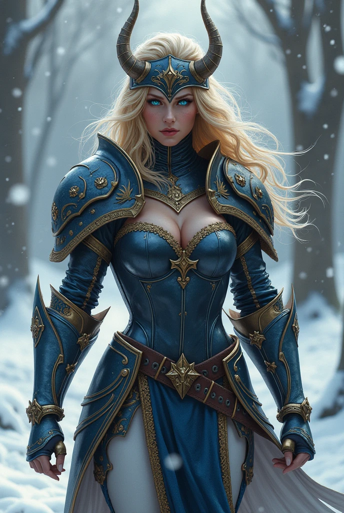 A blonde woman, (glowing blue eyes), she wears (shiny dark blue armor) with gold trim, reflective surface, intricate details, Viking helmet covers her head, (deep vneck and exposed cleavage). Stern expression, fists clenched by her sides. (detailed hands and fingers, gold gauntlet). show her walking through a snowy forest, snow storm, blowing wind