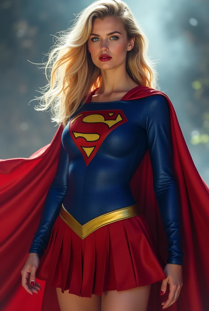 A SEXY AND BUSTY 17 YEAR OLD FEMALE WITH BLONDE HAIR DONE UP NICLEY, AND DAZLING BLUE SAPHIRE EYES, WEARING A SPANDEX 1984 BLUE SUPERGIRL COSTUME COMEPLETE WITH A LONG READ PLEATED SKIRT WITH A YELLOW SUPERGIRL BELT, A PAIR OF RED HEELED BOOTS WITH YELLOW TRIM, AND A LONG FLOWING RED CAPE WITH THE GOLD "S" EMBLEM. RED LIPSTICK, RED FINGERNAILS. INCREDIBLY DETAILED GLOWING SKIN, INCREDIBLEY DETAILED FACE, INCREDIDBLEY DETAILED CLOTHING, TEXTURED SKIN PORES, TEXTURED HAIR, 8K ABSURD RESOLUTION, MASTERPIECE. PHOTO REALSITIC, HYPER REALISTIC. MYSTICAL BACKGROUND. 16K RESOLUTION. PREFESSIONAL GRADE IMAGE.