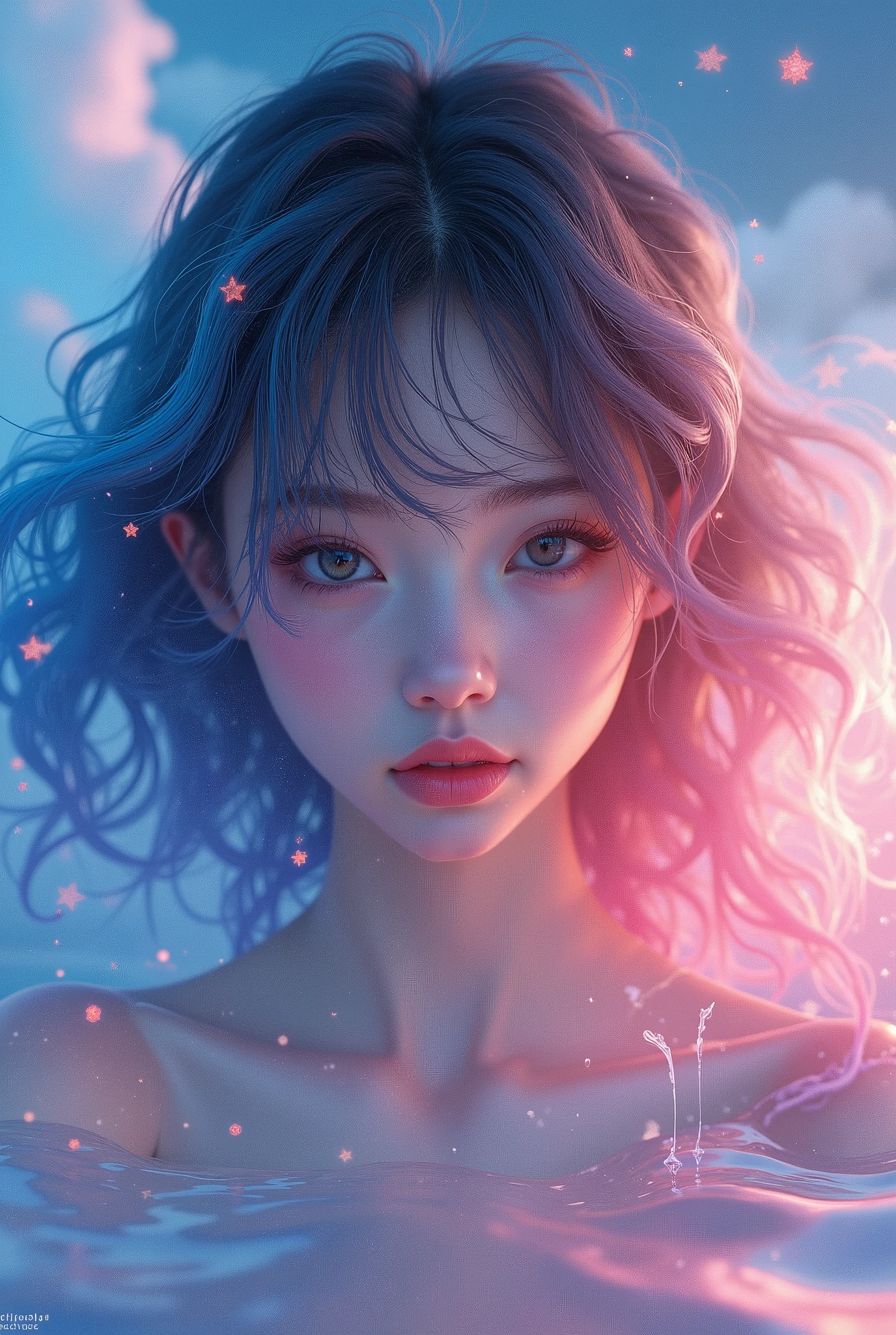 (Japanese girl:1.3), beautiful detailed eyes, beautiful detailed lips, extremely detailed eyes and face, long eyelashes, upper body, from side, looking at viewer, (fractal art:1.3), (rainbow color hair, colorful hair, half blue and half pink hair:1.2), water, liquid, cloud, colorful, starry, stars, (best quality, 4k, 8k, highres, masterpiece:1.2), ultra-detailed, (realistic, photorealistic, photo-realistic:1.37), vibrant colors, studio lighting, extremely detailed description, professional, concept art