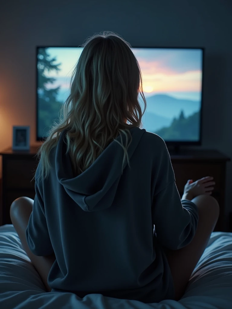 a blonde woman sitting legs crossed on her bed, watching a series on the TV, its not very bright in the room, her back shows to the camera and she wears only a oversized hoodie.