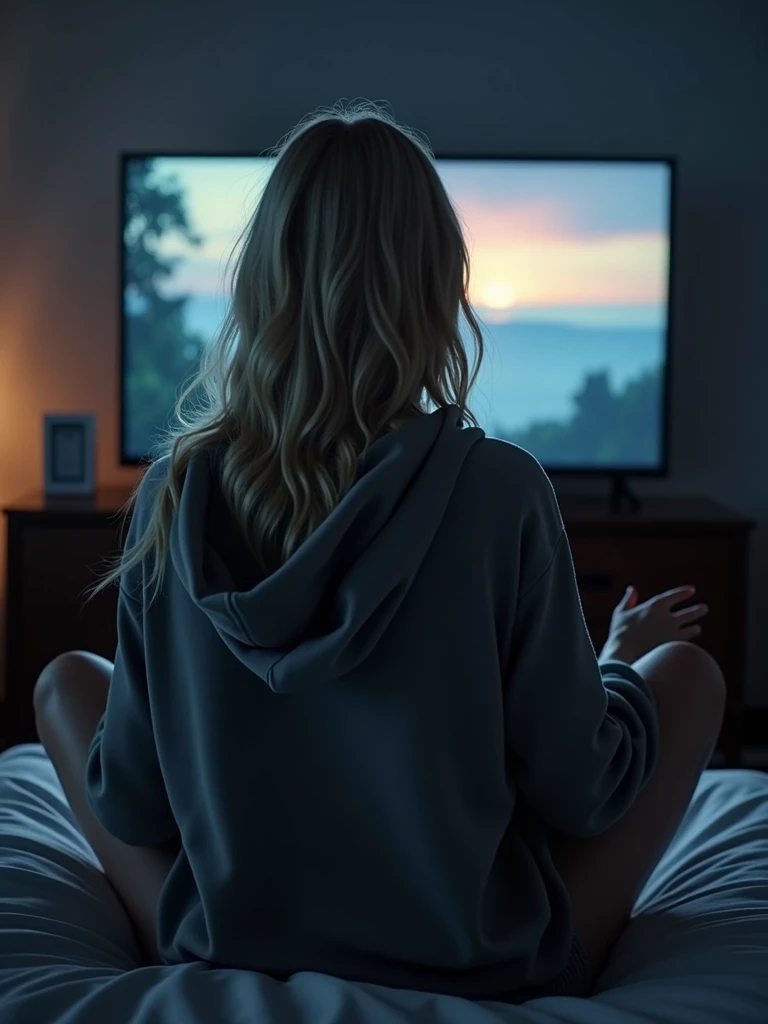 a blonde woman sitting legs crossed on her bed, watching a series on the TV, its not very bright in the room, her back shows to the camera and she wears only a oversized hoodie.